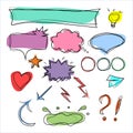 Set of speech bubbles, banner, arrows and other graphic elements in doodle style painted in different colors.